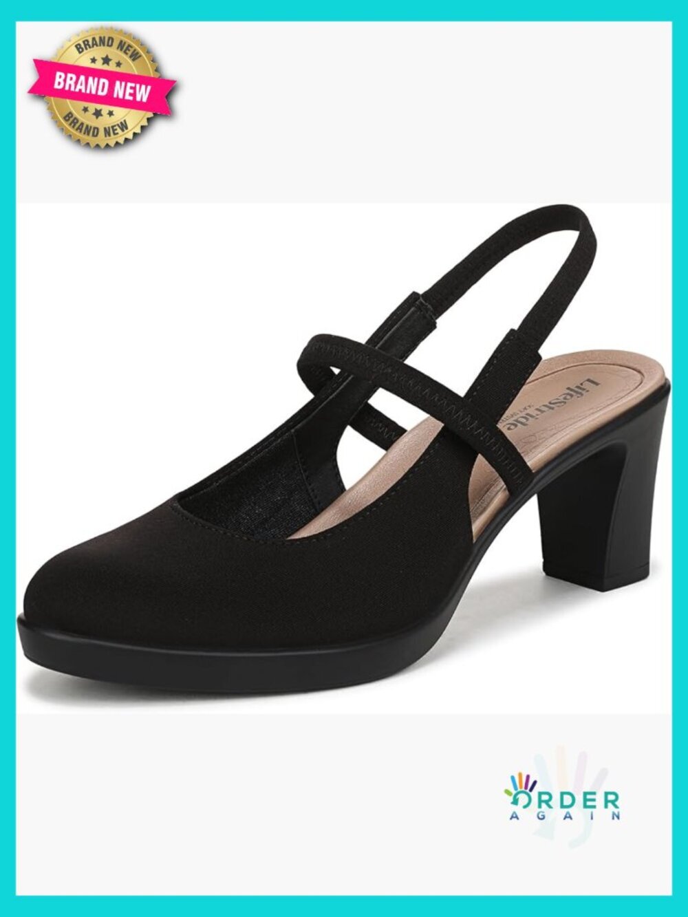 Slingback Block Heel Pumps Comfort Cushion Stretch Fabric Almond Toe Work Shoes